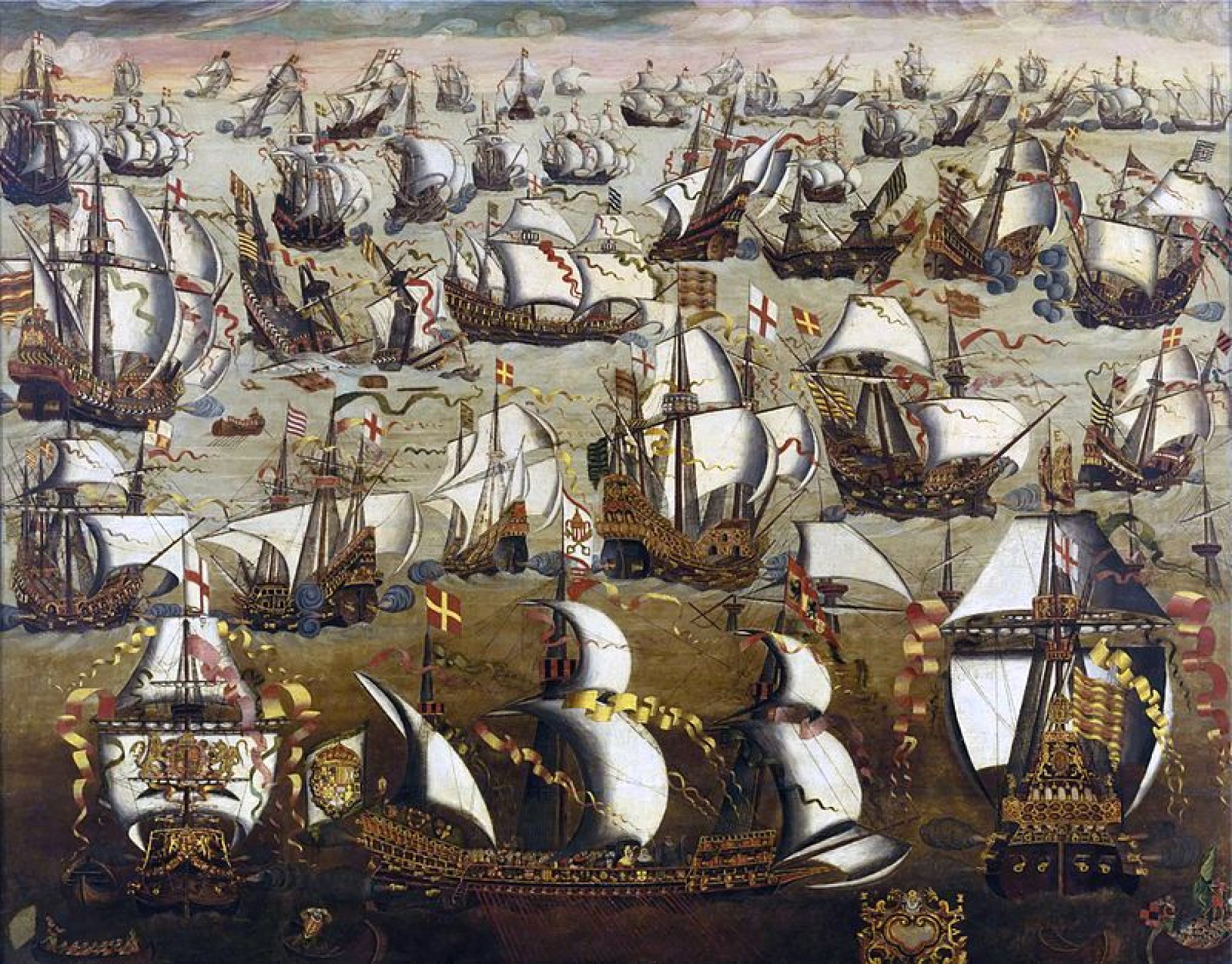 Die Schlacht zwischen der Spanischen Armada und der englischen Flotte (Gemälde der Englischen Schule, 16. Jahrhundert)